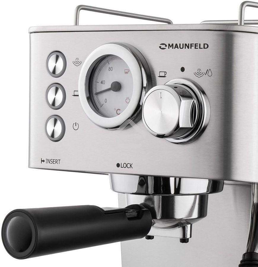 Кофеварка рожковая Maunfeld MF-721S PRO нержавеющая сталь, исп. кофе - молотый/чалды, 1.5 л, 1140 Вт, 15 Бар.