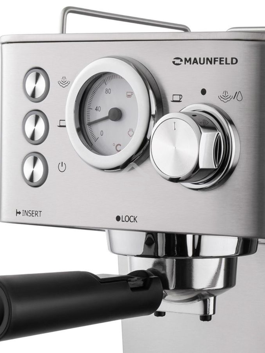 Кофеварка рожковая Maunfeld MF-721S PRO нержавеющая сталь, исп. кофе - молотый/чалды, 1.5 л, 1140 Вт, 15 Бар.