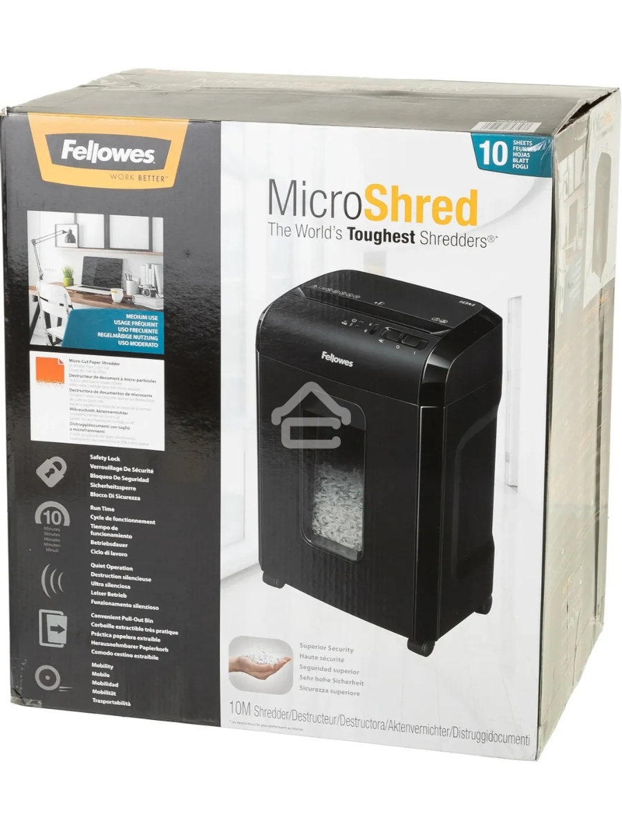 Шредер Fellowes Powershred 10M FS-4630601{DIN P-5, 2х15мм, 10лст., 19лтр., Safety Lock}, с микрорезкой