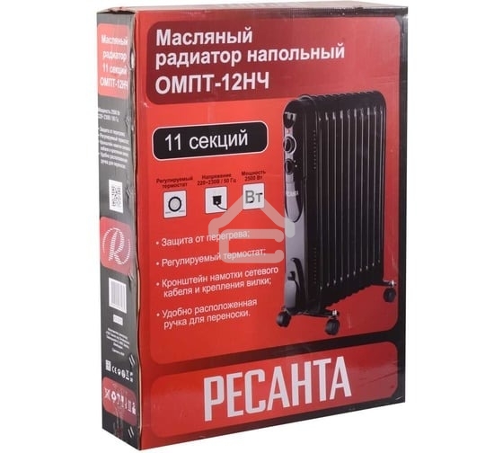 Обогреватель масляный Ресанта ОМПТ-12НЧ (11 секций) черный, 2500 Вт, 30 м2, термостат 67/3/15