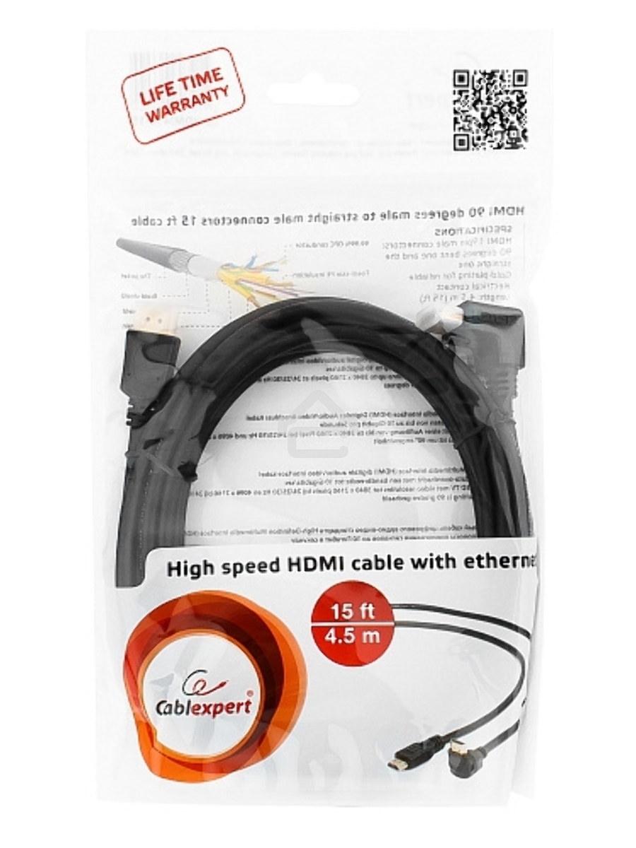 Кабель Cablexpert HDMI CC-HDMI490-15, 19M/19M, v2.0, медь, позол.разъемы, экран, угловой, 4.5м, черный, пакет