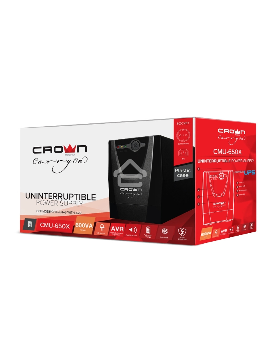 Источник бесперебойного питания Crown CMU-650X (600ВА/360 Вт; 2хEURO резервным питанием и фильтрацией; 12V/7AH х 1; пластик)