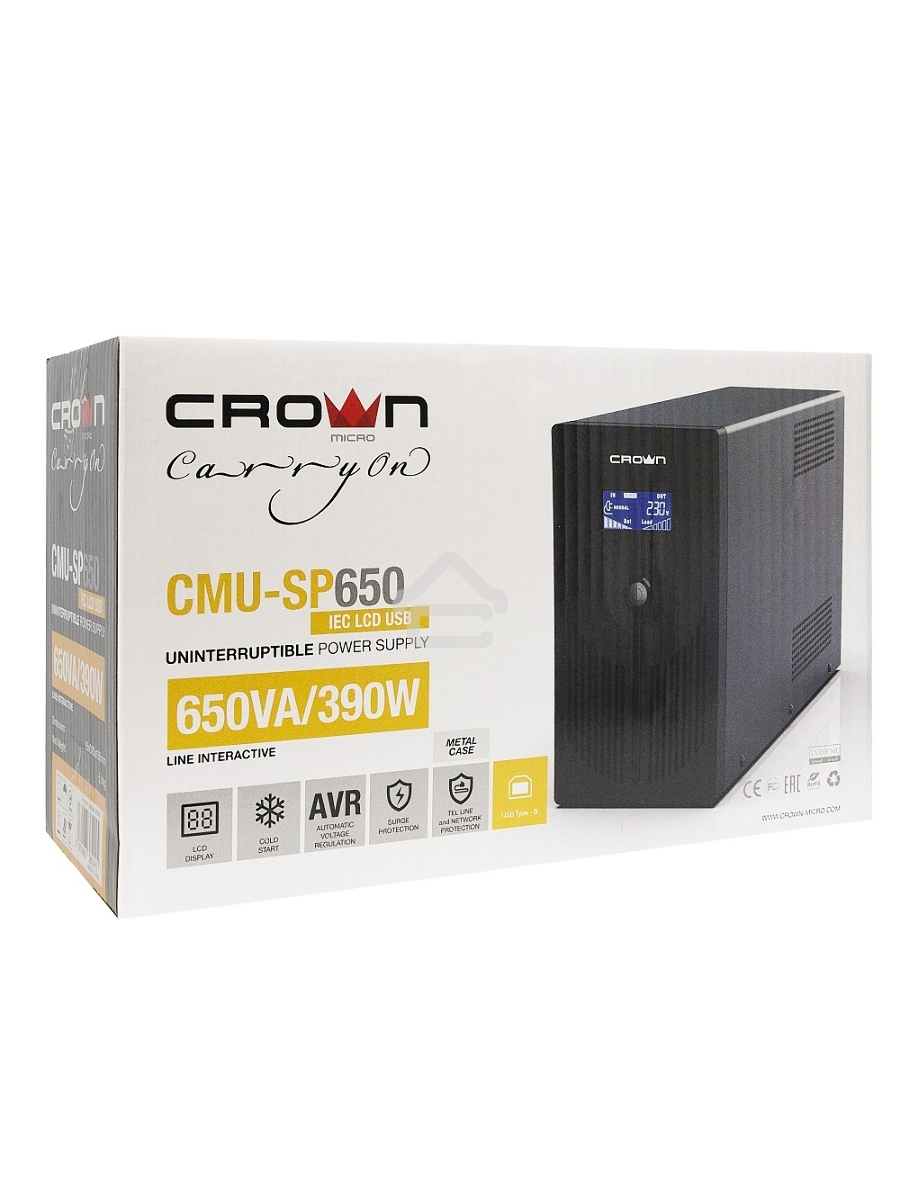 Источник бесперебойного питания CROWN Line Intractive CMU-SP650IEC USB 650VA\360W, корпус металл, 1x12V/7AH, розетки 6*IEC, трансформатор AVR 140-290V, cъёмный кабель 1.2 м, порт RJ11/45, порт USB, защита: от перегрузки, от КЗ, от скачков напряжения