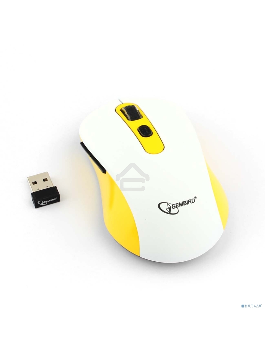 Мышь беспроводная Gembird MUSW-221-Y белый/желтый, 1600 dpi, радиоканал, USB, кнопки - 6