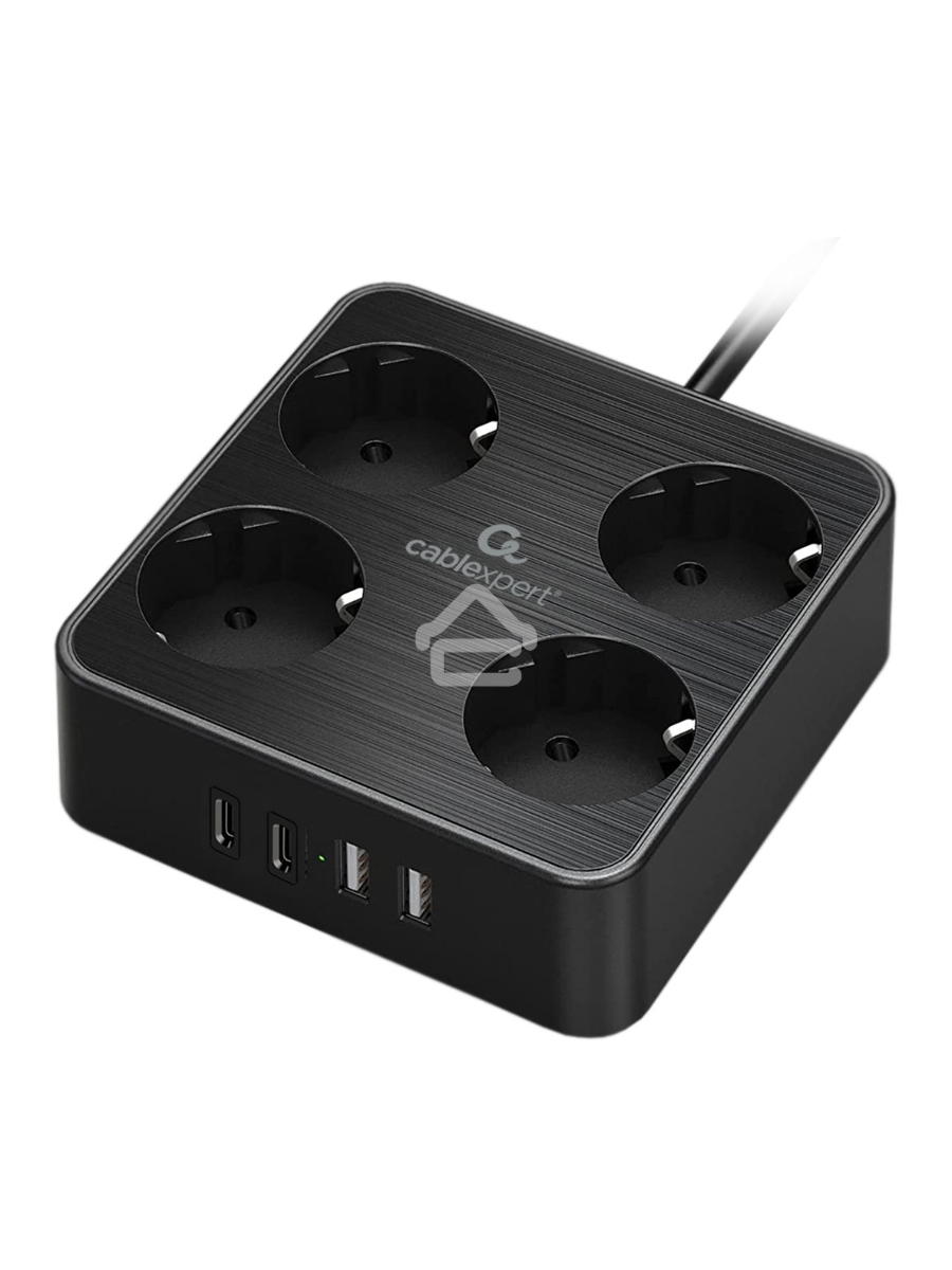 Сетевой фильтр Cablexpert Plate, PLT-4-C2U2-B-2, 4р, 10А, 2xType-C PD, 20Вт, 2xUSB, 2.4A, 2м, ур.защиты 4+, черный, коробка