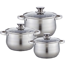 Набор посуды WEBBER BE-615/6 из нерж.стали 6 пр. 2,9л, 5,1л, 6,6л со стеклянными крышками В наборе 6 предметов: кастрюля со стеклянной крышкой 18х11,5см; 2,9л кастрюля со стеклянной крышкой 22х13,5см; 5,1л кастрюля со стеклянной крышкой 24х14,5см; 6,6л То