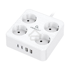 Сетевой фильтр Cablexpert Plate, PLT-4-C2U2-W-2, 4р, 10А, 2xType-C PD, 20Вт, 2xUSB, 2.4A, 2 м, ур. защиты 4+, белый, коробка