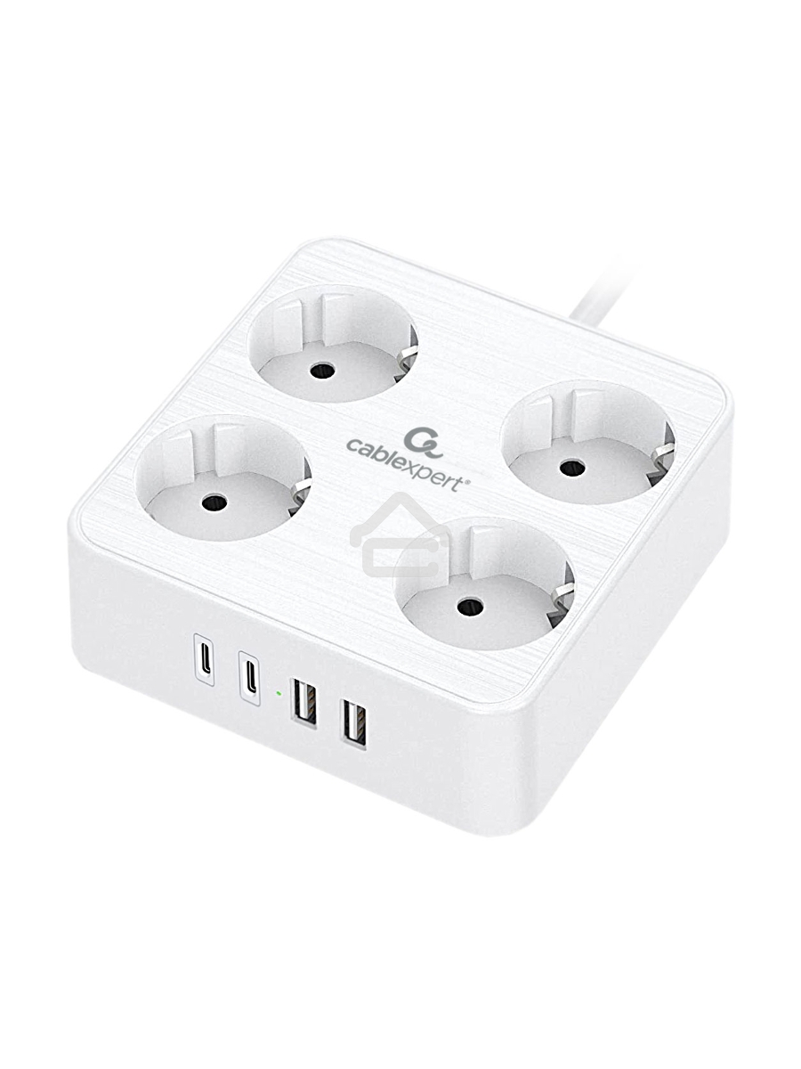 Сетевой фильтр Cablexpert Plate, PLT-4-C2U2-W-3, 4р, 10А, 2xType-C PD, 20Вт, 2xUSB, 2.4A, 3м, ур.защиты 4+, белый, коробка