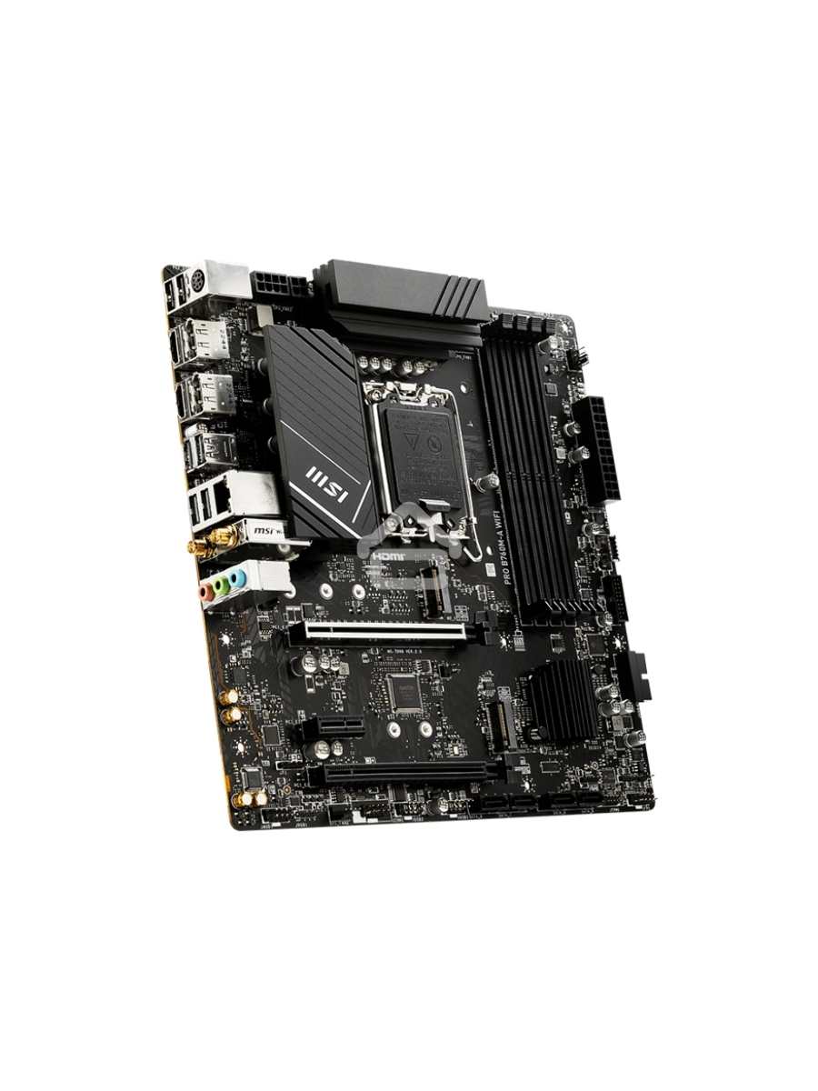 Материнская плата MSI PRO B760M-A WIFI, LGA 1700, Intel B760, 4xDDR5, 4xSATA, 2xM.2, 1xPCI-E 4.0 x16, 1xPCI-E 4.0 x4, 2xHDMI, 2xDP, 1x2.5Gb LAN, 2xUSB-A 2.0, 2xUSB 3.2 Gen 1, 2xUSB 3.2 Gen 2, 3x3.5 мм, 7.1, Micro-ATX