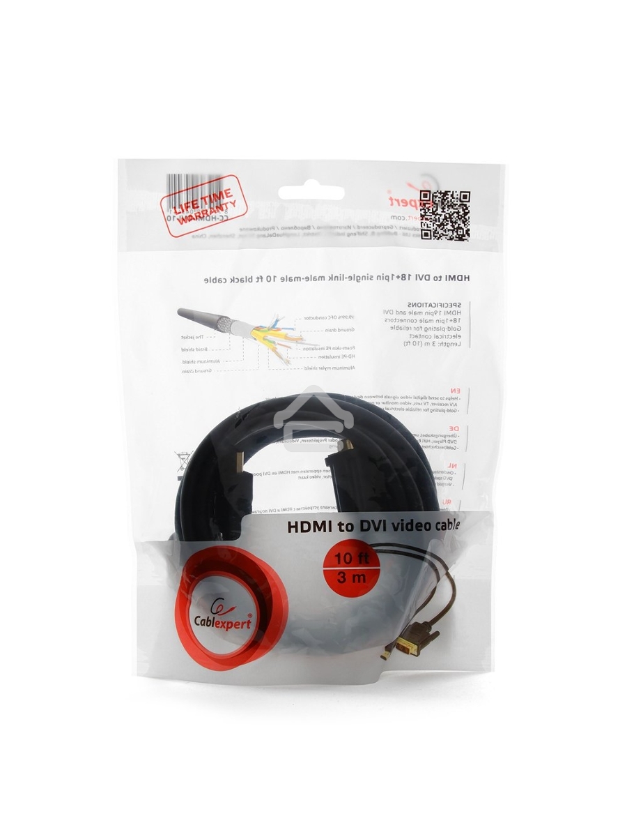 Кабель HDMI-DVI Cablexpert CC-HDMI-DVI-10, 19M/19M, single link, медь, позол.разъемы, экран, 3.0м, черный, пакет