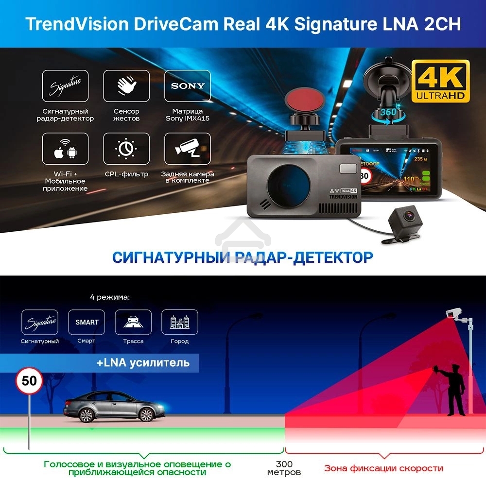 Видеорегистратор с радар-детектором TrendVision DriveCam Real 4K Signature LNA 2CH GPS ГЛОНАСС черный