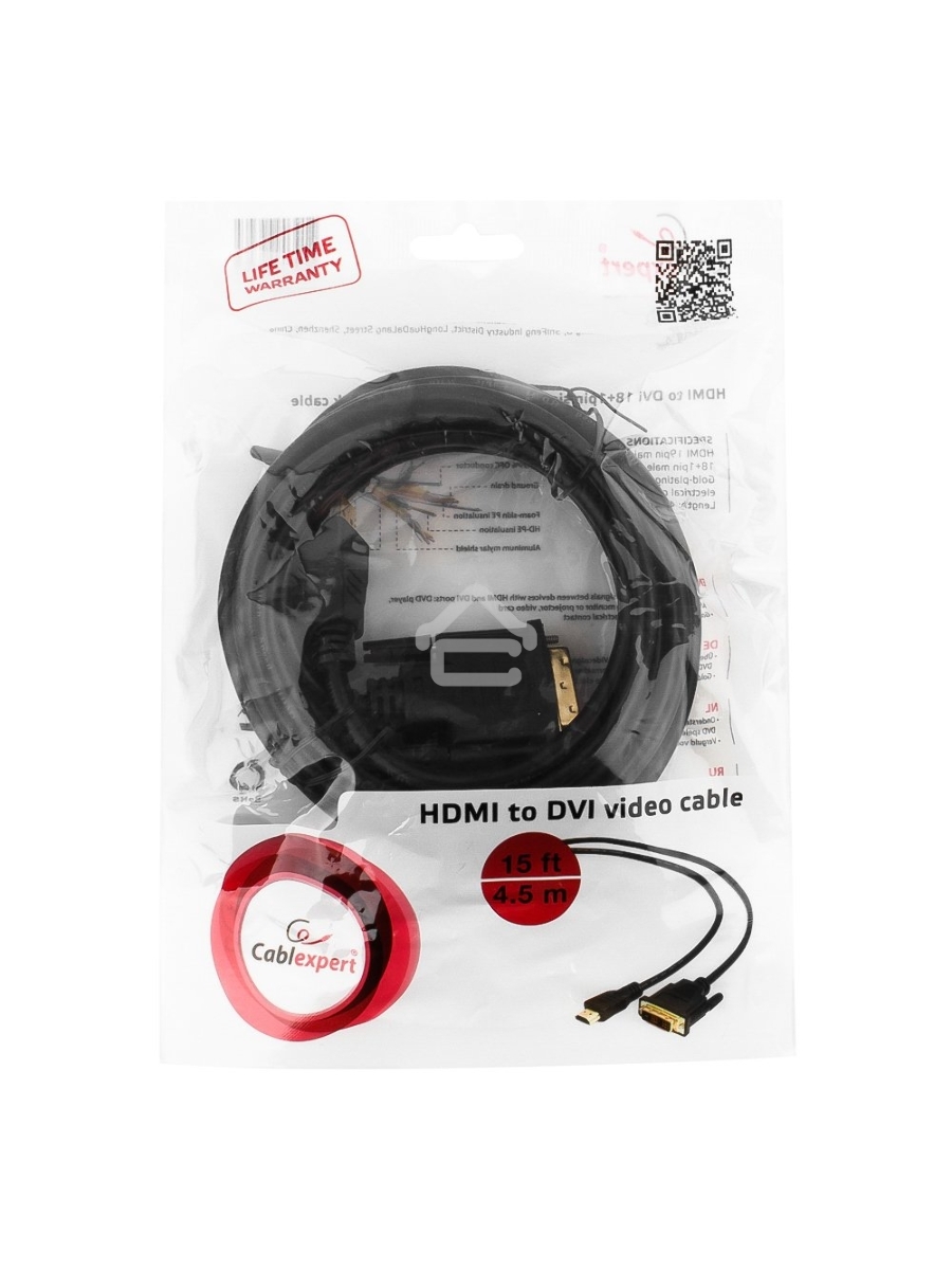 Кабель HDMI-DVI Cablexpert CC-HDMI-DVI-15, 19M/19M, single link, медь, позол.разъемы, экран, 4.5м, черный, пакет
