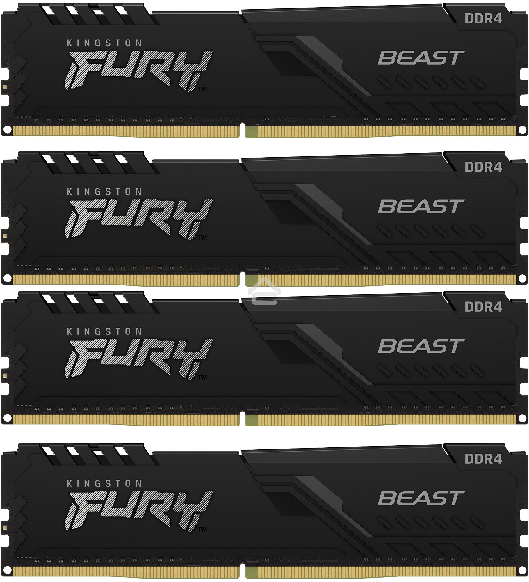 Оперативная память Kingston Fury Beast, DDR4, 64GB (4x16GB), 3200MHz, CL16, DIMM, радиатор, черный