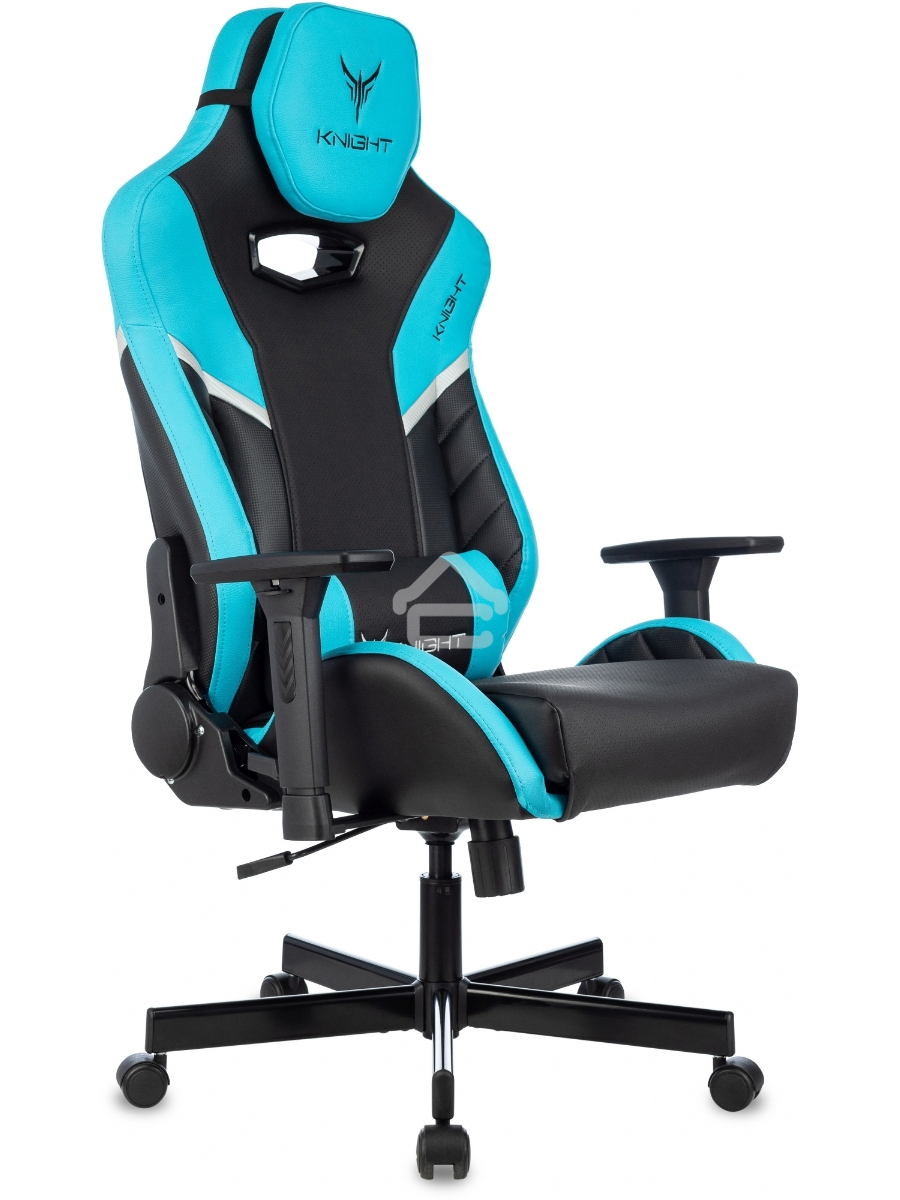 Кресло игровое Knight Thunder 5X черный/голубой эко.кожа крестов. металл