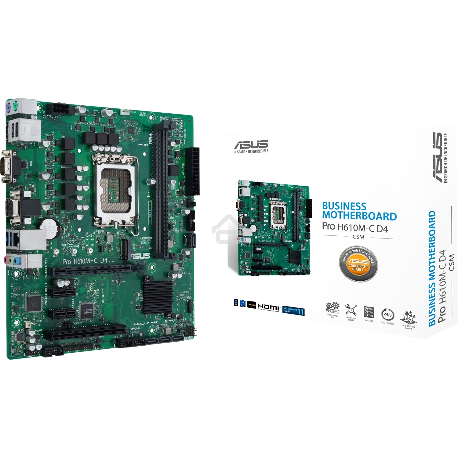 Материнская плата ASUS Pro H610M-C D4-CSM, LGA 1700, Intel H610, 2xDDR4, 4xSATA, 1xM.2, 1xPCI-E 4.0 x16, 1xPCI, 1xDP, 1xHDMI, 1xVGA, 1x 1Gb LAN, 2xUSB-A 2.0, 2xUSB-A 3.2 Gen 1, 3x3.5 мм, 7.1, Micro-ATX