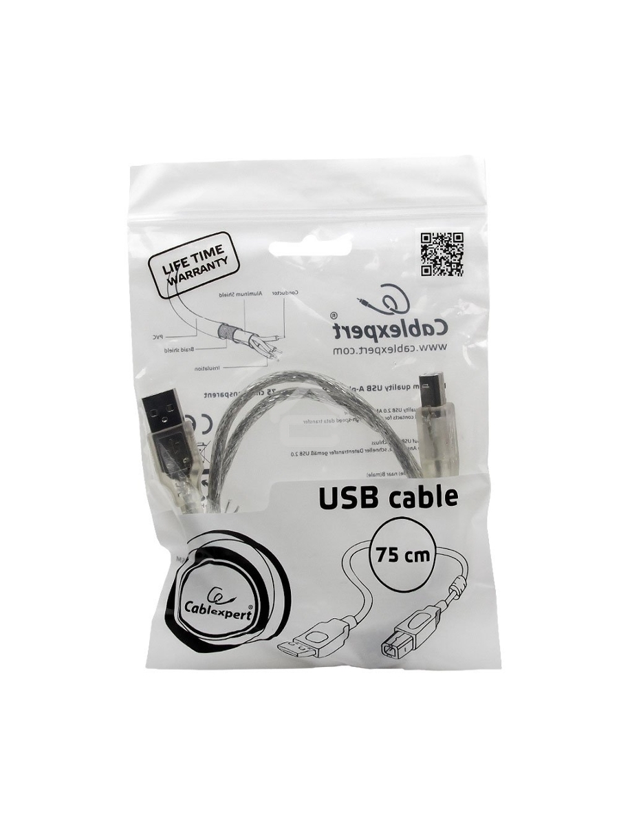 Кабель Cablexpert USB 2.0 Pro, AM/BM, 0,75м, экран, 2 феррит.кольца, прозрачный (CCF-USB2-AMBM-TR-0.75M)