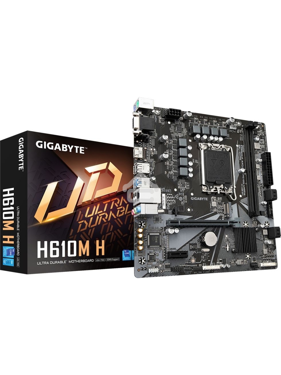 Материнская плата Gigabyte H610M H, LGA 1700, Intel H610, 2xDDR5, 4xSATA, 1xM.2, 1xPCIe 4.0 x16, 1xPCIe x1, 1xHDMI, 1xVGA, 1x 1Gb LAN, 2xUSB-A 3.2 Gen 1, 4xUSB-A 2.0, 3x3.5 мм, 7.1, mATX