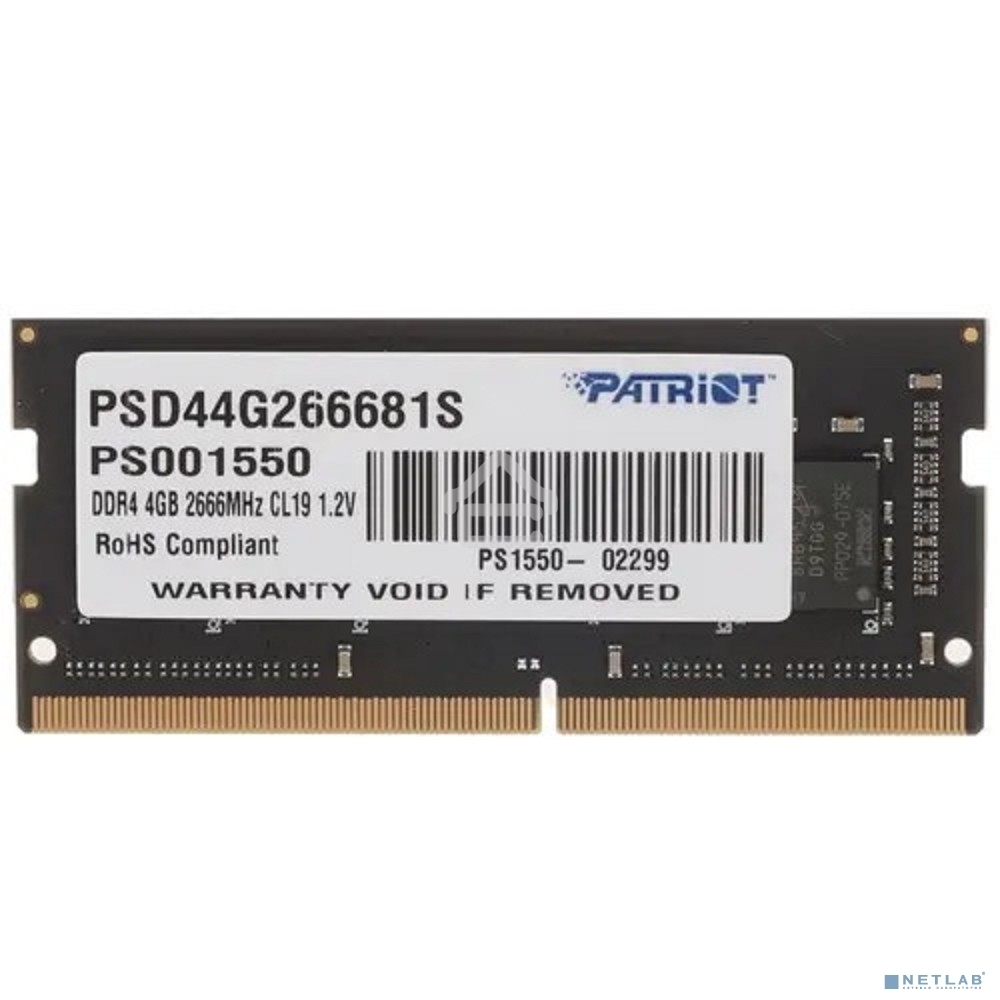 Оперативная память Patriot Signature, DDR4, 4GB (1x4 GB), 2666 MHz, CL19, SO-DIMM