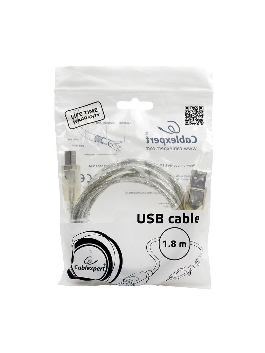 Кабель USB 2.0 Pro Cablexpert CCF-USB2-AMBM-TR-6, AM/BM, 1,8м, экран, феррит.кольца, прозрачный, пакет