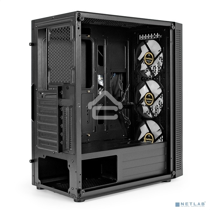 Компьютерный корпус Miditower ExeGate EVO-5001A-EVO800 (ATX, БП EVO800RGb с вент. 12 см, 2хUSB+1хUSB 3.0+HD Audio, черный, 3 вент.12см с RGb подсветкой, боковая панель - закаленное стекло)