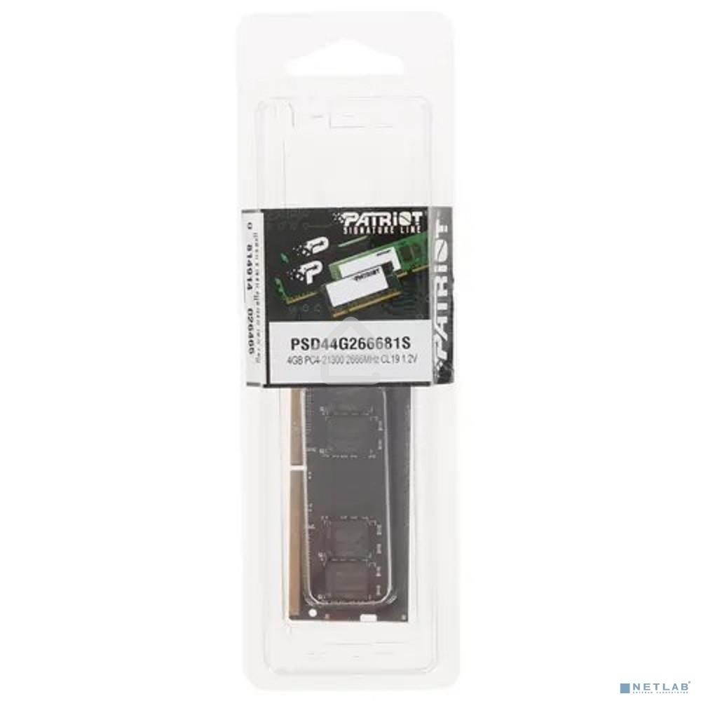 Оперативная память Patriot Signature, DDR4, 4GB (1x4 GB), 2666 MHz, CL19, SO-DIMM