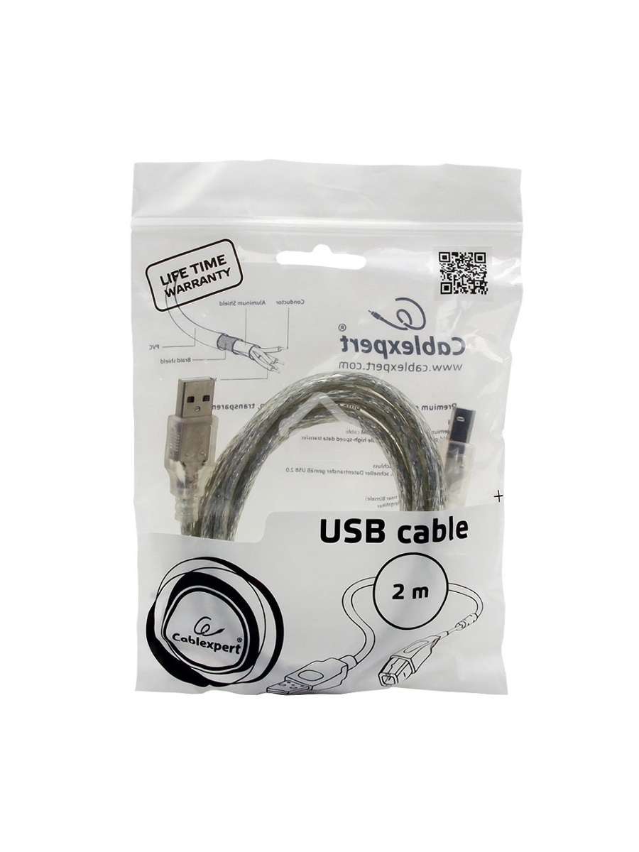 Кабель Cablexpert USB 2.0 Pro, AM/BM, 2м, экран, 2 феррит.кольца, прозрачный (CCF-USB2-AMBM-TR-2M)