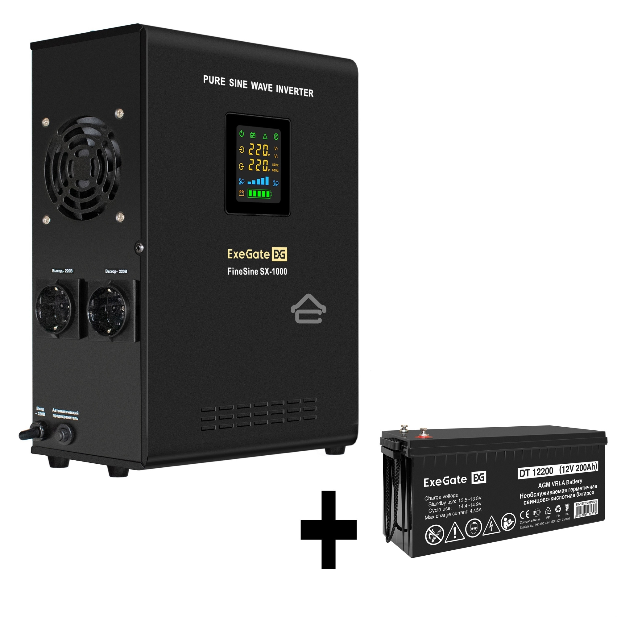 Комплект ИБП EX295997RUS + батарея 200Aч EX282991RUS 1шт (инвертор, синус, для котла, настенный) ExeGate FineSine SX-1000.LCD.AVR.2SH <1000VA/600W, чистая синусоида, цветной LCD-дисплей, AVR, 2*Schuko, линейно-интерактивный, крепление настенное/универсаль