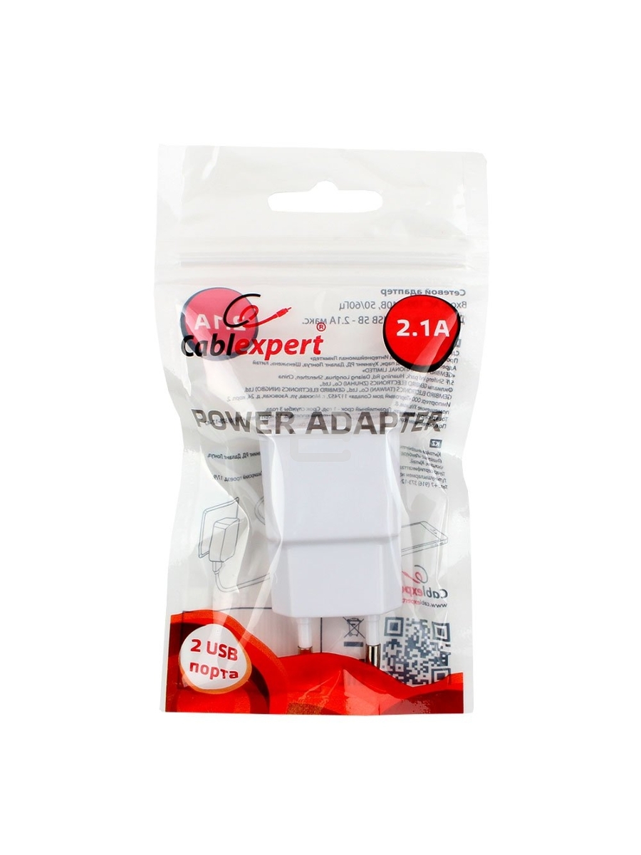 Адаптер питания Cablexpert MP3A-PC-11 100/220V - 5V USB 2 порта, 2.1A, белый