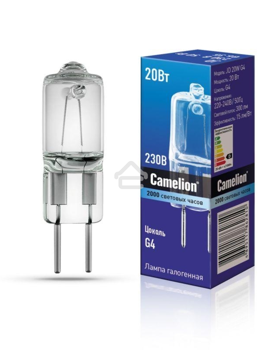 Лампа галогенная JD 20Вт капсула g4 2850К 240В g4 Camelion 10405