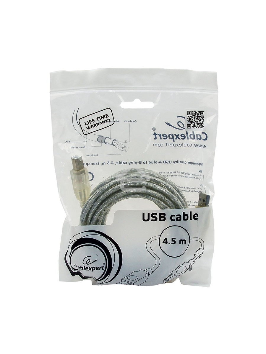 Кабель USB2.0 Cablexpert CCF-USB2-AMBM-TR-15, AM/BM, медь, двойн.экран, фер.кольцо, Pro, 4.5м, прозрач, пакет