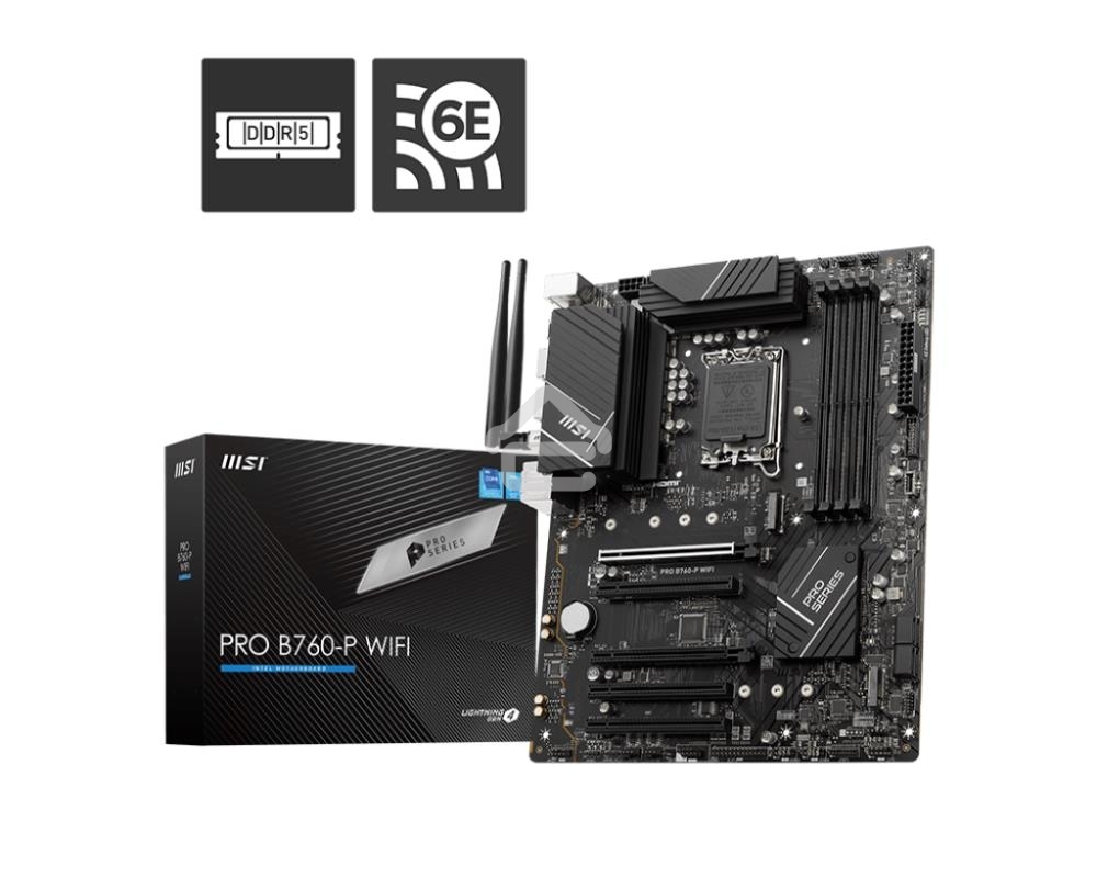 Материнская плата MSI PRO B760-P WIFI DDR4, LGA 1700, Intel B760, 4xDDR4, 4xSATA, 2xM.2, 1xPCIe 4.0 x16, 1xPCIe 4.0 x4, 3xPCIe 3.0 x1, 1xHDMI, 1xDP, 1xRJ45 2.5Gb, Wi-Fi 6E, Bluetooth 5.3, 1xUSB-C 3.2 Gen 2, 2xUSB-A 3.2 Gen 2, 4xUSB-A 2.0, 5x3.5мм, TOSLINK