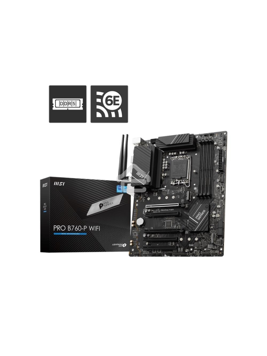 Материнская плата MSI PRO B760-P WIFI DDR4, LGA 1700, Intel B760, 4xDDR4, 4xSATA, 2xM.2, 1xPCIe 4.0 x16, 1xPCIe 4.0 x4, 3xPCIe 3.0 x1, 1xHDMI, 1xDP, 1xRJ45 2.5Gb, Wi-Fi 6E, Bluetooth 5.3, 1xUSB-C 3.2 Gen 2, 2xUSB-A 3.2 Gen 2, 4xUSB-A 2.0, 5x3.5мм, TOSLINK