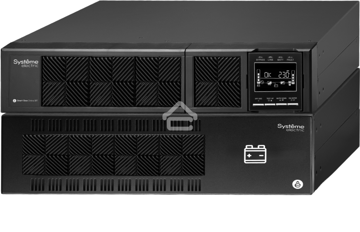 Источник бесперебойного питания Smart-Save Online SRT Systeme Electric 6000 ВА, конвертируемый форм-фактор 5U, 230 В, 1:1, клеммный вход/выход, SmartSlot, LCD, USB HID, SNMP карта, параллельное резервирование, версия с возможностью увеличения времени авто
