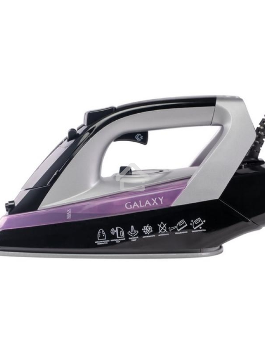 Утюг Galaxy Line GL 6128, фиолетовый с черным, паровой, 2200 Вт, постоянный пар 30 г/мин, паровой удар 140 г/мин, функции: самоочистка, антикапля, антинакипь, функция увлажнения, вертикальное отпаривание, защита от перегрева, индикатор нагрева, керамическ