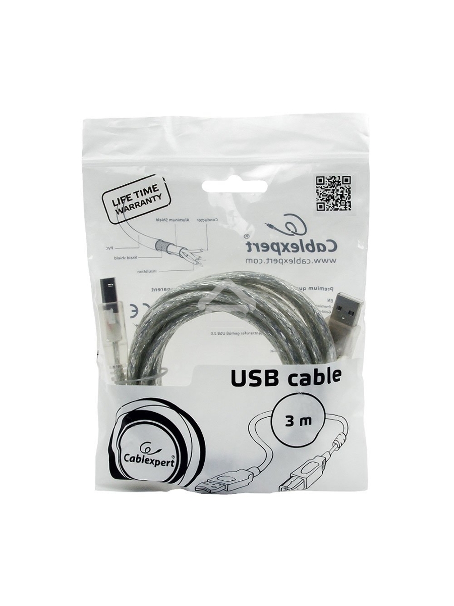 Кабель USB 2.0 Pro Cablexpert CCF-USB2-AMBM-TR-10, AM/BM, 3м, экран, феррит.кольца, прозрачный, пакет
