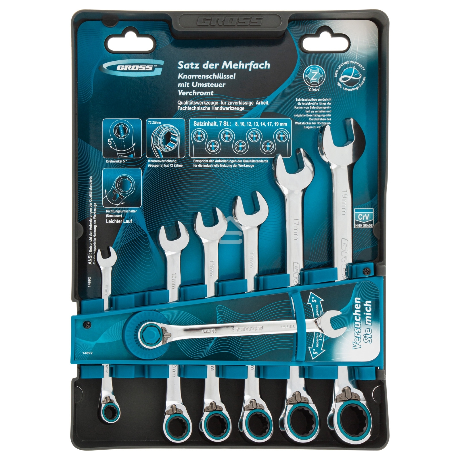 Набор ключей комбинированных с трещоткой Gross 8 - 19 мм, 7 шт., реверсивные, CrV