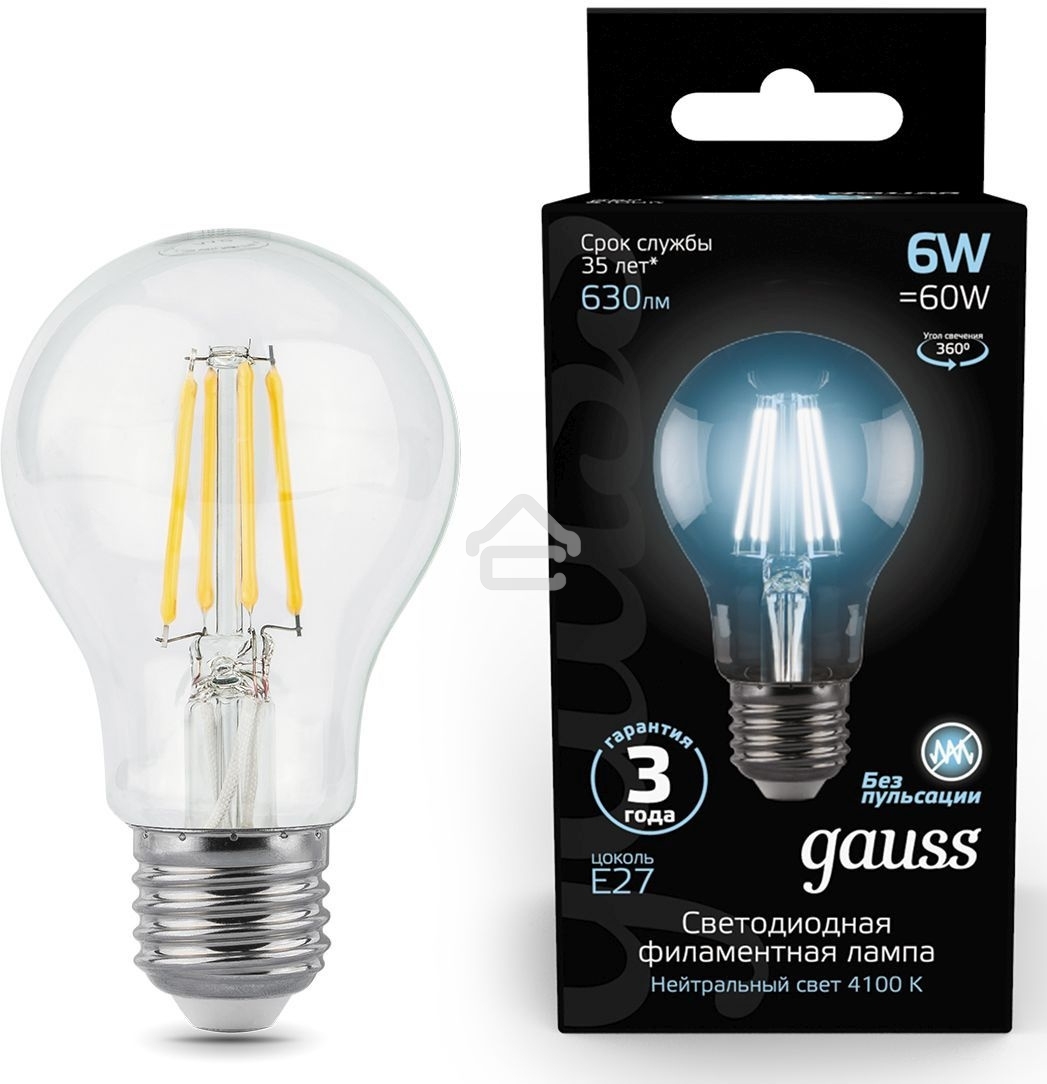 Лампа светодиодная GAUSS 102802206LED Filament А60 Е27 6Вт 4100к 1/10/40