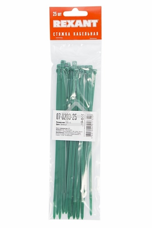 Хомут-стяжкa нeйлонoвая Rexant 200x3,6 мм, зеленая, упаковка 25 шт.