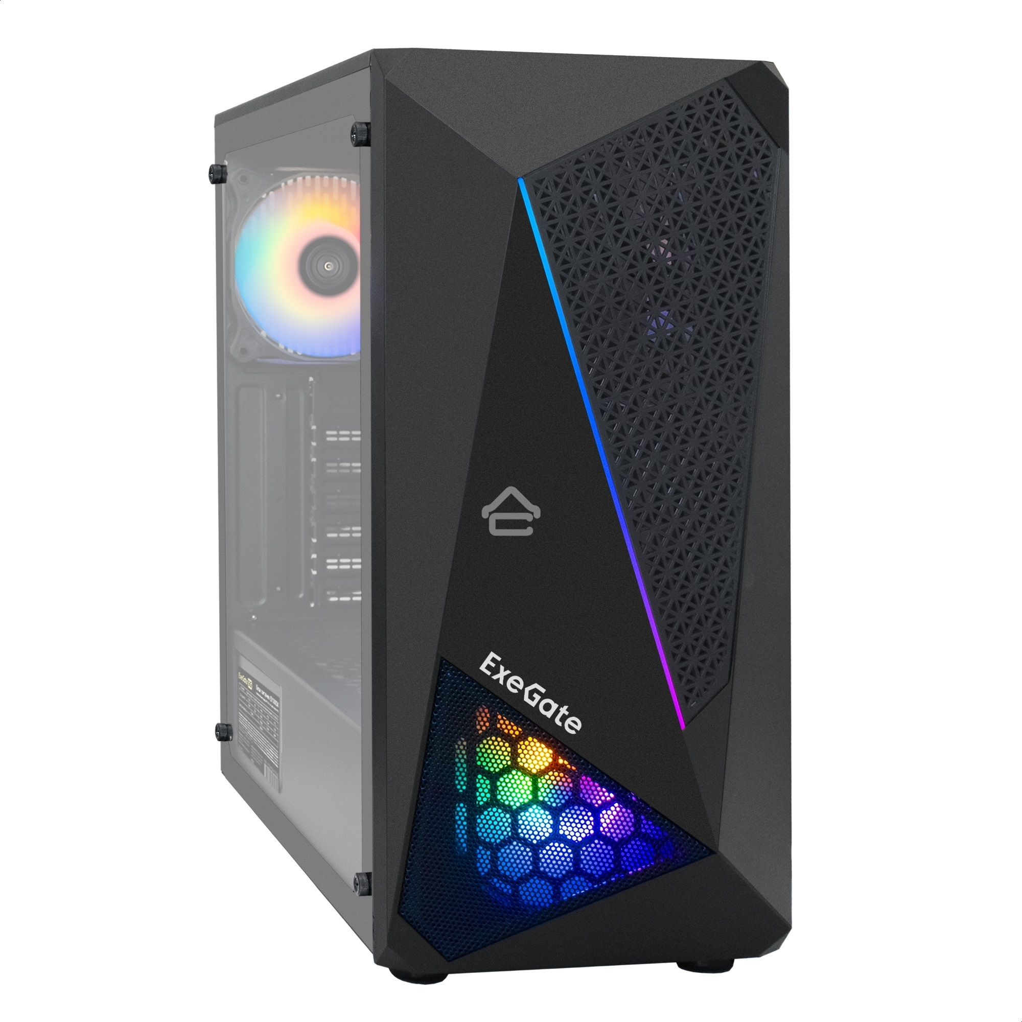 Компьютерный корпус Miditower ExeGate EVO-8225-EVO800 (ATX, БП EVO800RGb с вент. 12см, 2хUSB+1хUSB 3.0, черный, 2 вент. с RGb подсветкой и полоса на передней панели, боковая панель - закаленное стекло)