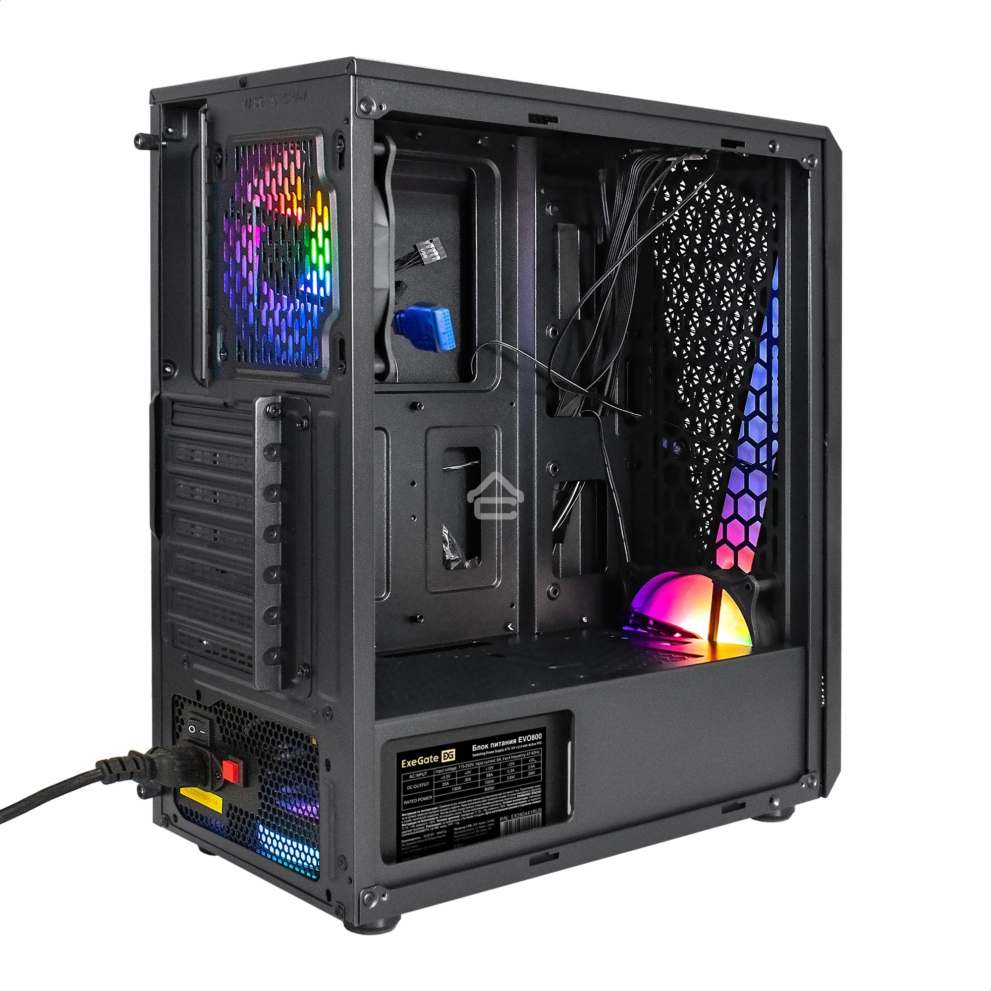 Компьютерный корпус Miditower ExeGate EVO-8225-EVO800 (ATX, БП EVO800RGb с вент. 12см, 2хUSB+1хUSB 3.0, черный, 2 вент. с RGb подсветкой и полоса на передней панели, боковая панель - закаленное стекло)