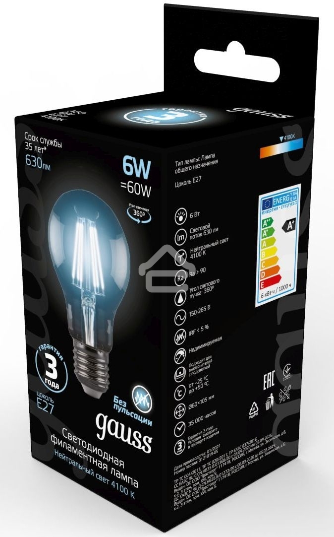 Лампа светодиодная GAUSS 102802206LED Filament А60 Е27 6Вт 4100к 1/10/40