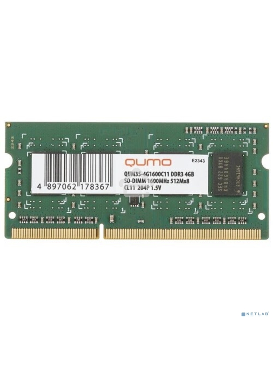 Оперативная память QUMO, DDR3, 4GB (1x4GB), 1600MHz, CL11, SO-DIMM