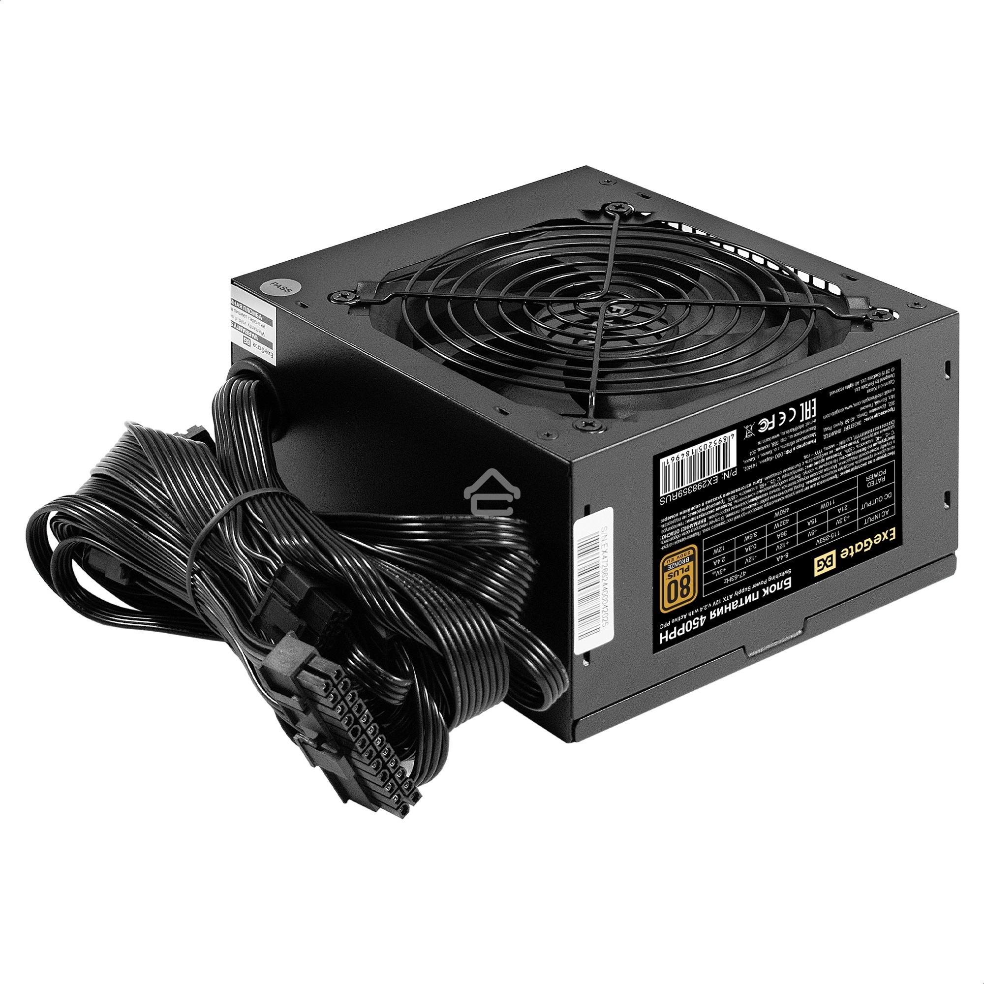 Блок питания 450W ExeGate 80 PLUS Bronze 450PPH (ATX, APFC, КПД 88% (80 PLUS Bronze), 12cm fan, 24pin, (4+4)pin, 2xPCI-E, 3xSATA, 3xIDE, черный, Color Box)
