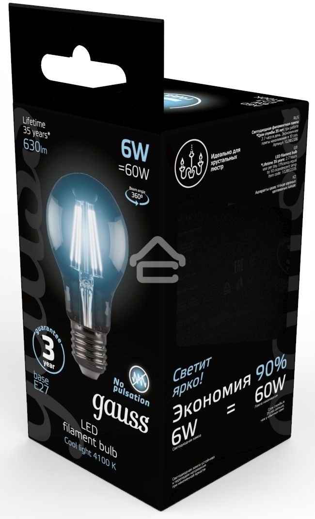 Лампа светодиодная GAUSS 102802206LED Filament А60 Е27 6Вт 4100к 1/10/40