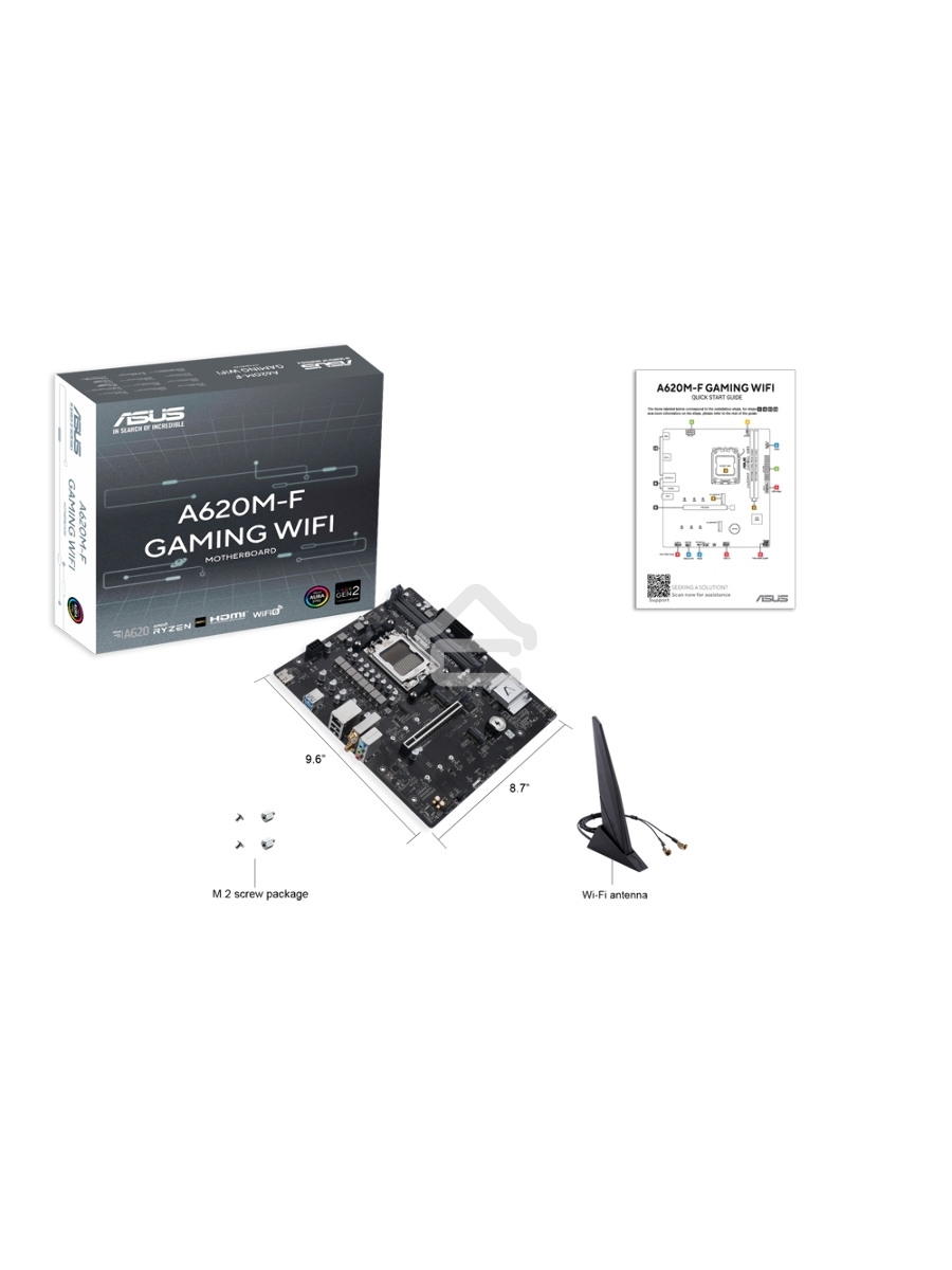 Материнская плата ASUS A620M-F GAMING WIFI, AM5, AMD A620, 2xDDR5, 2xM.2, 1xPCIe 4.0 x16, 1xHDMI, 1x2.5Gb LAN, Wi-Fi 6E, Bluetooth 5.3, 2xUSB-A 5Gbps, 2xUSB-A 2.0, 3x3.5 мм, 7.1, mATX