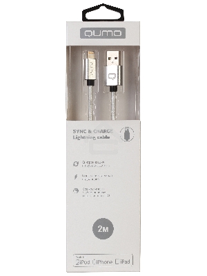 Qumo MFI кабель c разъемом Apple 8 pin, 2м, металлический коннектор, в оплетке, темно серый