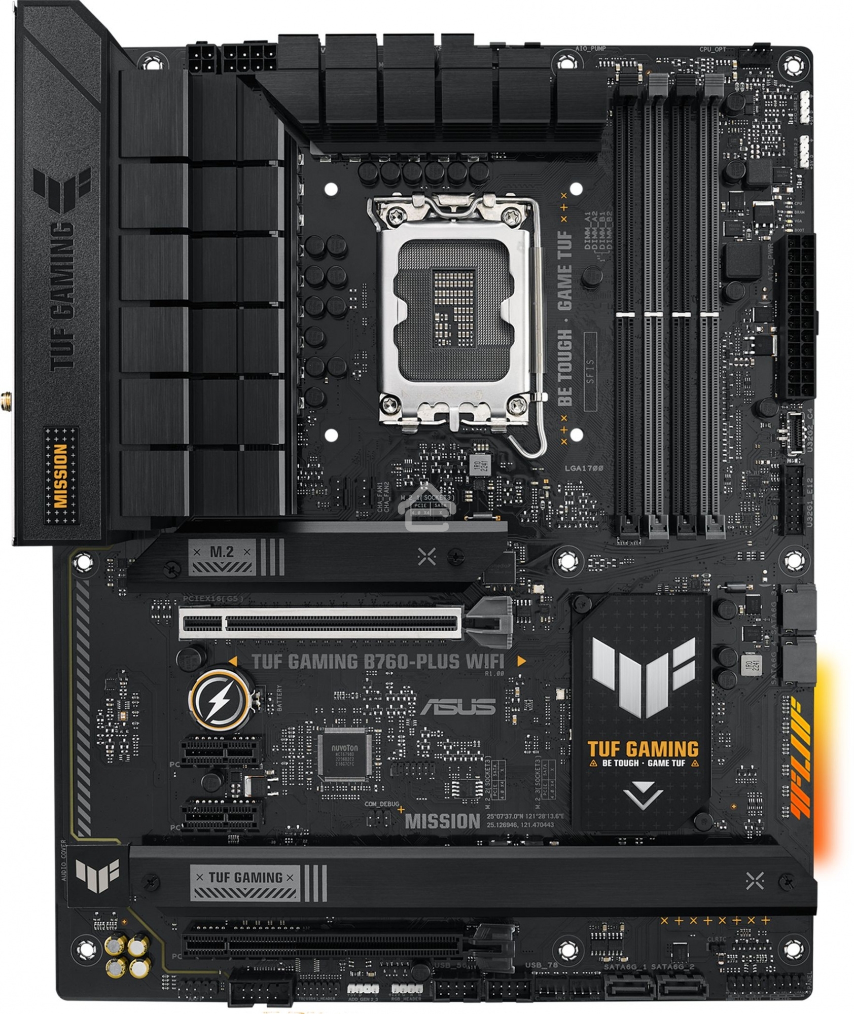 Материнская плата ASUS TUF GAMING B760-PLUS WIFI, LGA 1700, Intel B760, 4xDDR5, 4xSATA, 3xM.2, 1xPCI-E 5.0 x16, 1xPCI-E 3.0 x4, 1xUSB-A 3.2 Gen 2, 3xUSB-A 3.2 Gen 1, 1xUSB-C 3.2 Gen 2x2, 1x2.5Gb LAN, 5x3.5 мм, 7.1, Wi-Fi 6, Bluetooth 5.2, Standard-ATX