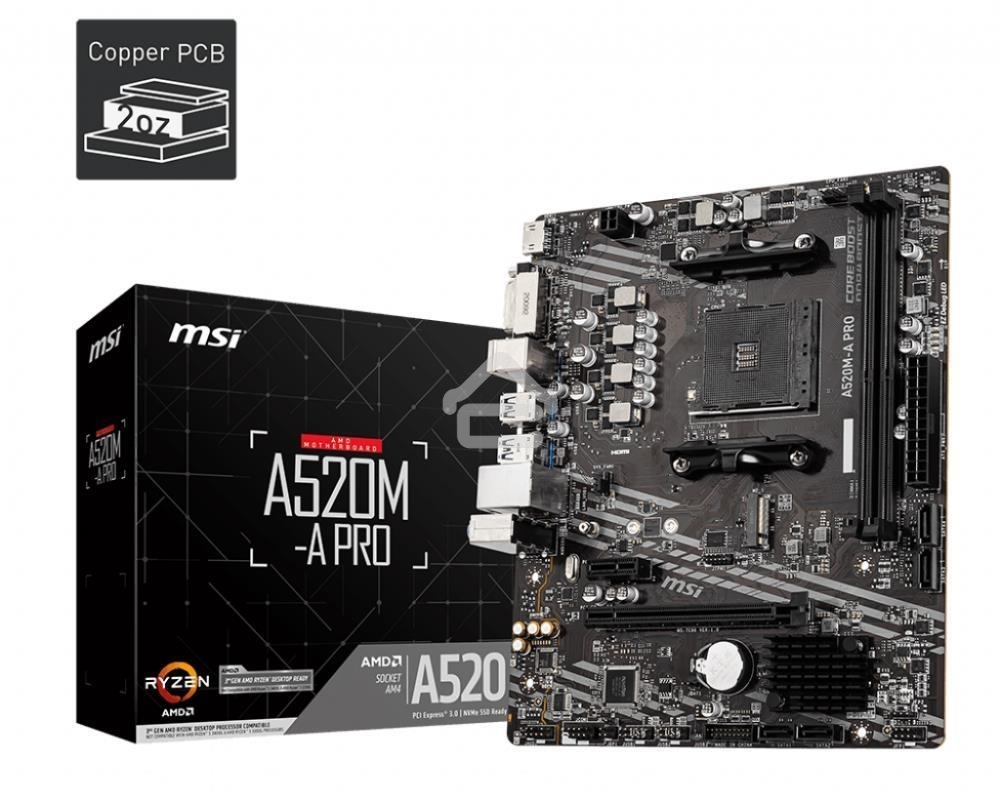 Материнская плата MSI A520M-A PRO, AM4, AMD A520, 2xDDR4, 4xSATA, 1xM.2, 1xPCIe 3.0 x16, 1xDVI-D, 1xHDMI, 1x 1Gb LAN, 2xUSB 2.0, 4xUSB 3.2 Gen 1, 3x3.5 мм, 7.1, mATX