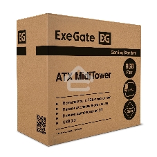 Компьютерный корпус Miditower ExeGate EVO-8225-EVO800 (ATX, БП EVO800RGb с вент. 12см, 2хUSB+1хUSB 3.0, черный, 2 вент. с RGb подсветкой и полоса на передней панели, боковая панель - закаленное стекло)