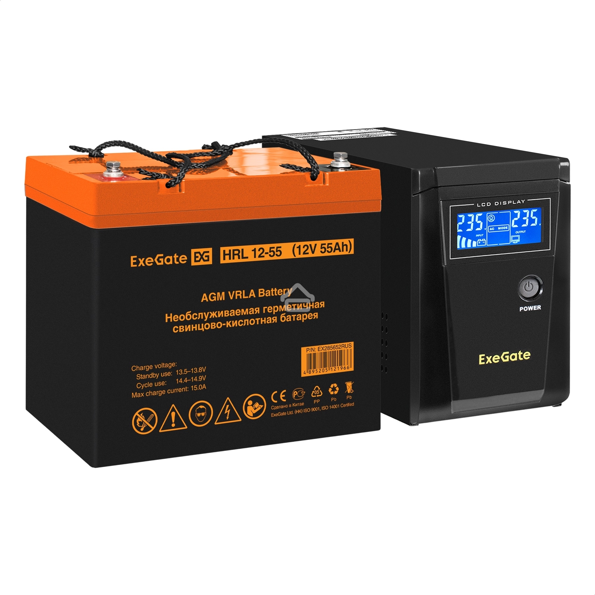 Комплект ИБП EX295986RUS + батарея 55Aч EX285652RUS 1шт (инвертор, синус, для котла) ExeGate SineTower SZ-600.LCD.AVR.1SH <600VA/360W, чистый синусоида, LCD дисплей, AVR, 1*Schuko, линейно-интерактивный, Black> + батарея ExeGate HRL 12-55 (12В, 55Ач) 1шт